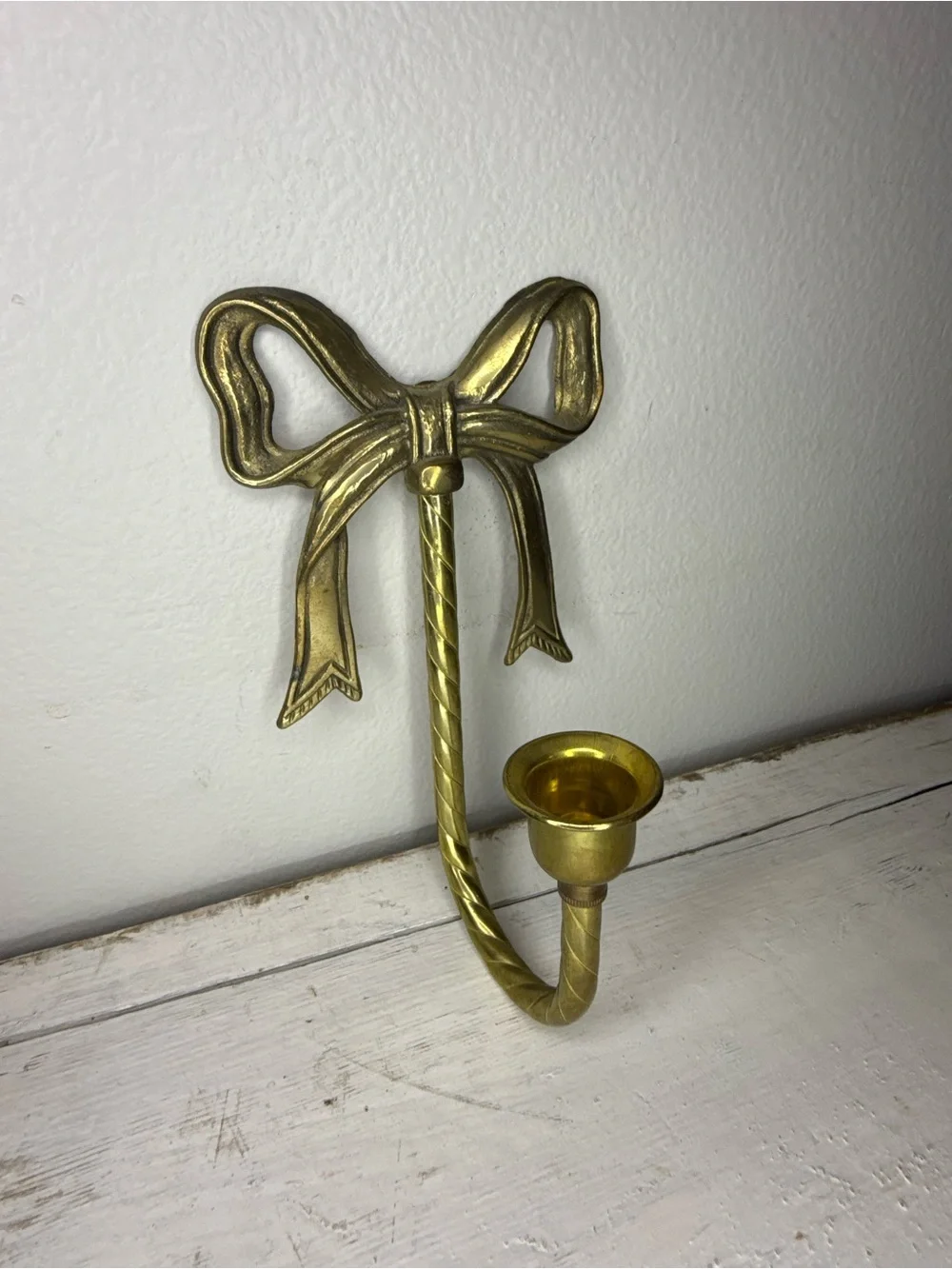 Vintage MCM Brass Bow Wall Sconce Candle Holder 8” Tall, Hollywood Regency Decor